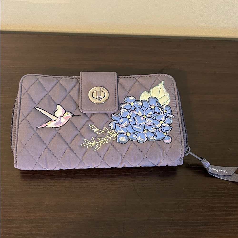 Vera Bradley Lavender Quilted Wallet with Bird and Floral Embroidery